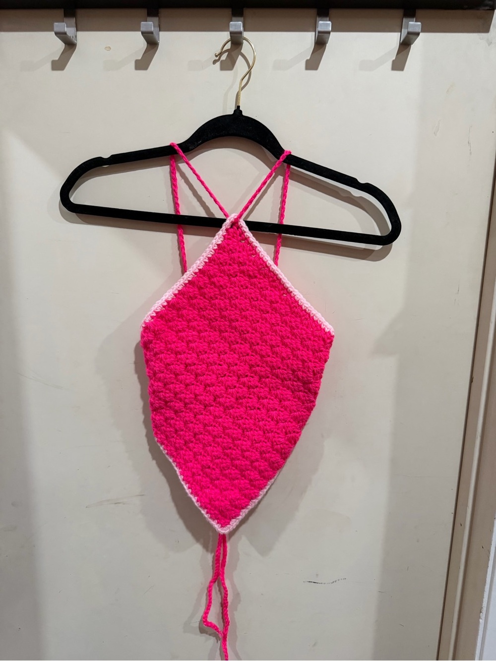 Handmade Hot Pink Crochet Halter Top with White Trim